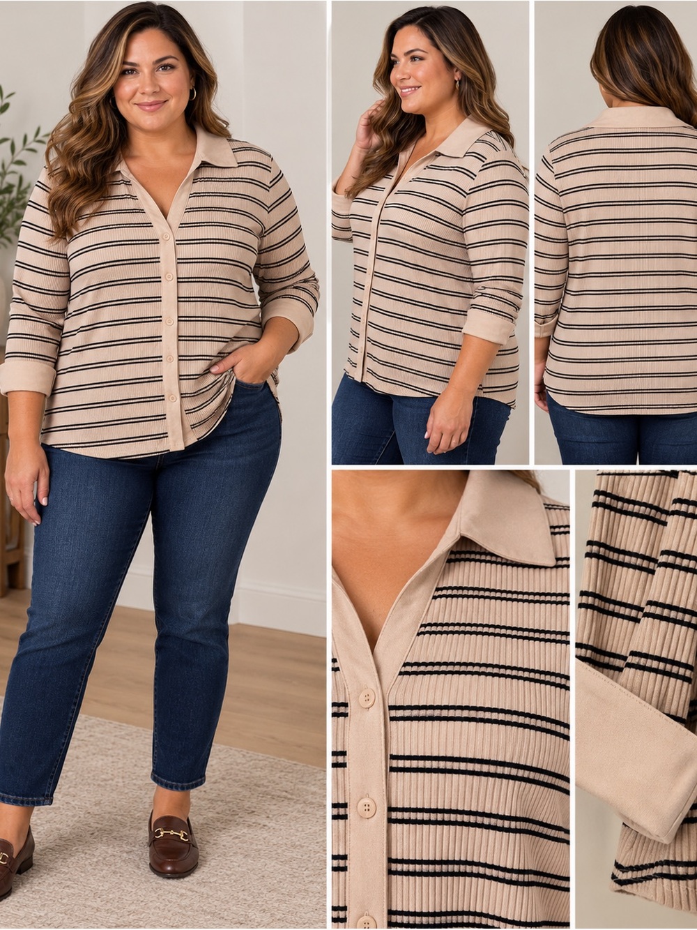 Ava & Viv Women’s 2X Plus Ribbed Striped Button Down Collared Top Beige Black